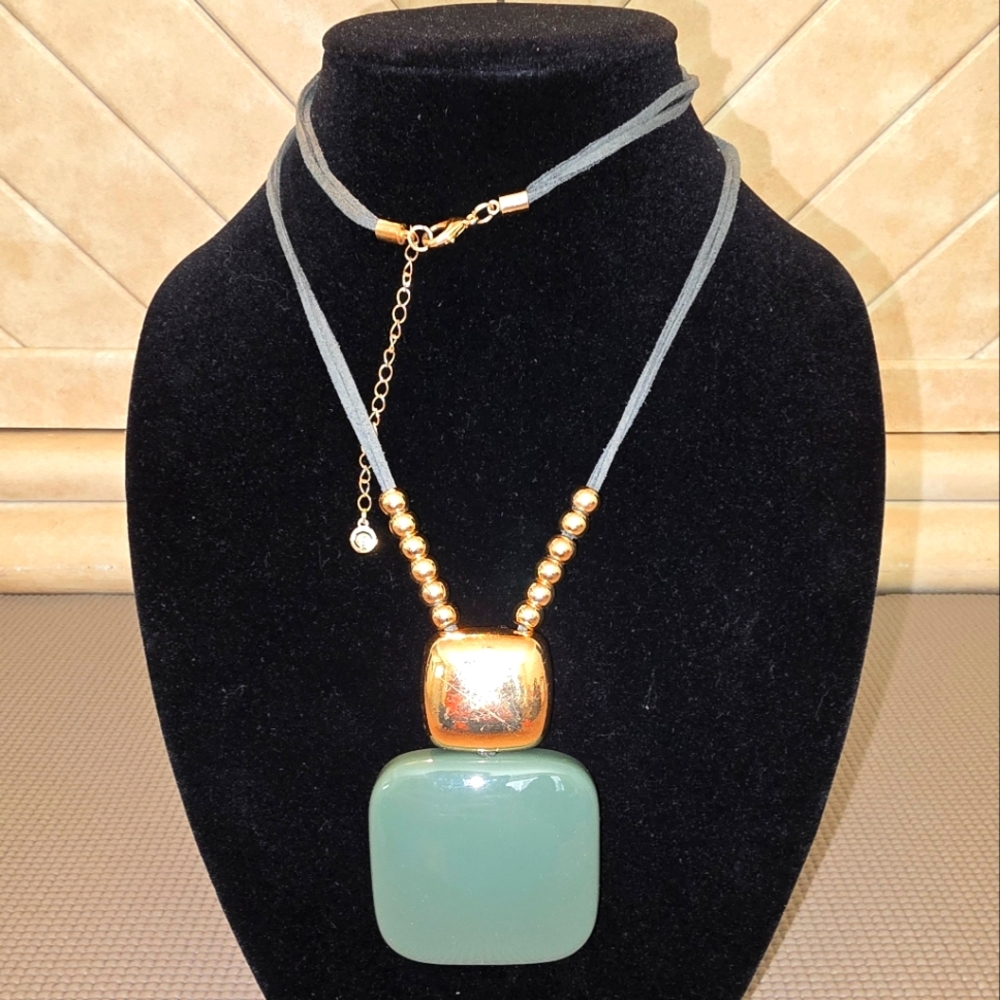 Gold and Green Necklace with Square Pendant
